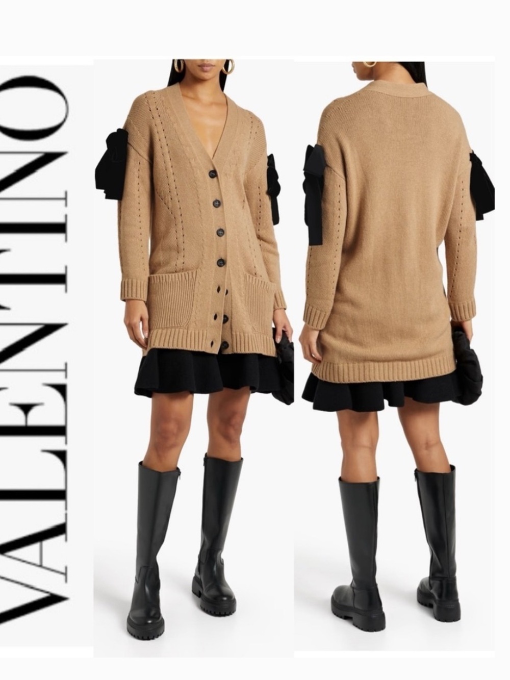 Red Valentino Bow Pointelle-Knit Camel Color Cardigan Small wool cashmere